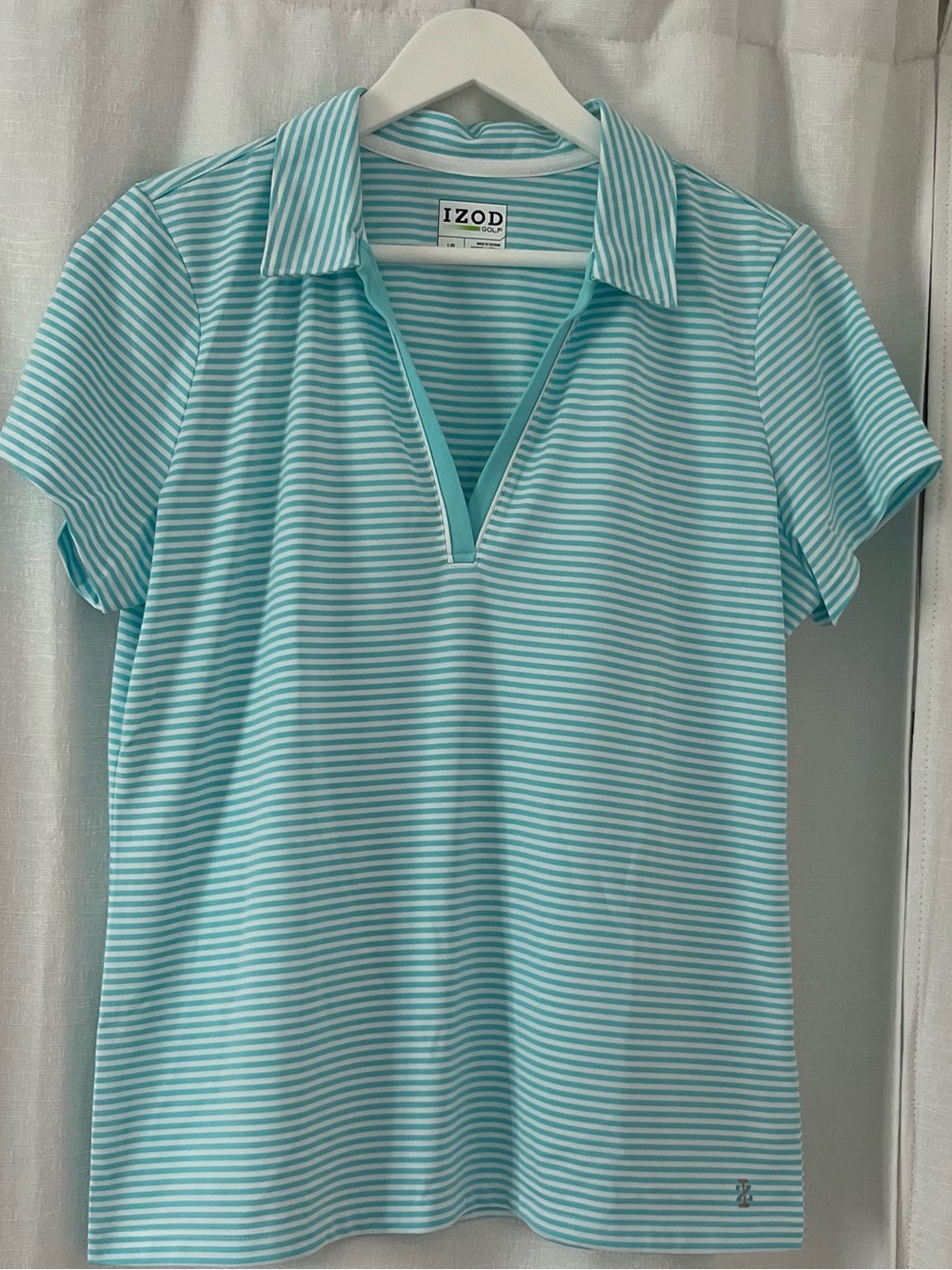 Izod  Golf Aqua and White Striped V-Neck Polo Top